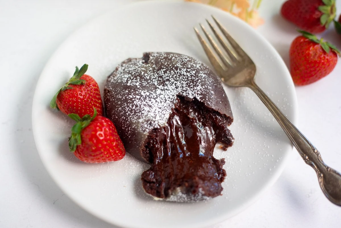Chocolate lava cake with the lava flowing out