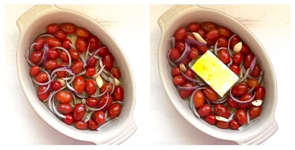 two baking dishes with cherry tomatoes sliced red onions and a block of feta cheese