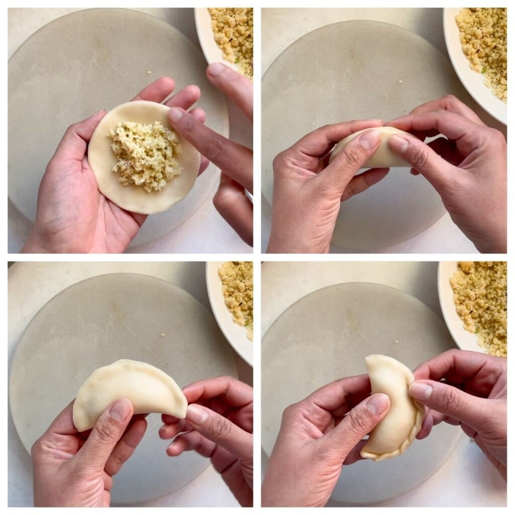 fill, seal and pleat the gujiya with hands 