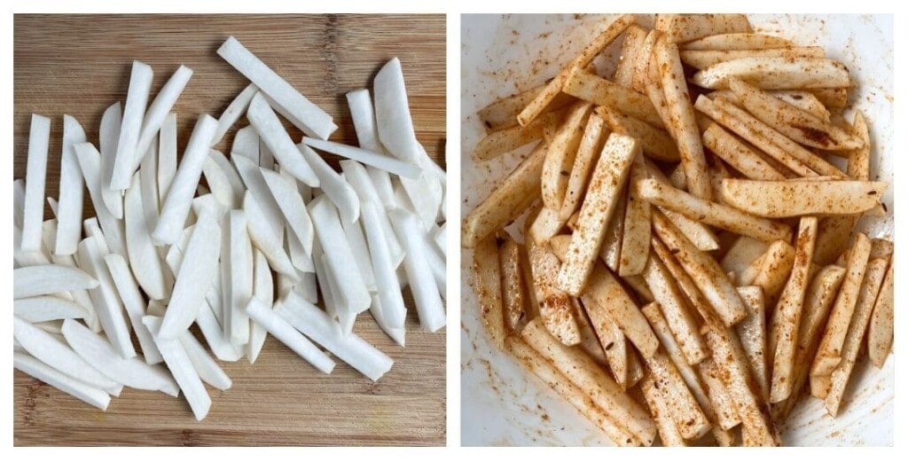 Turnips cut into fries on a cutting board and then seasoned with spices