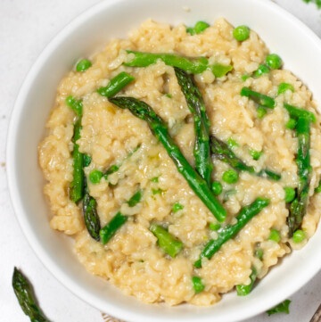 Asparagus Risotto in a white bowl