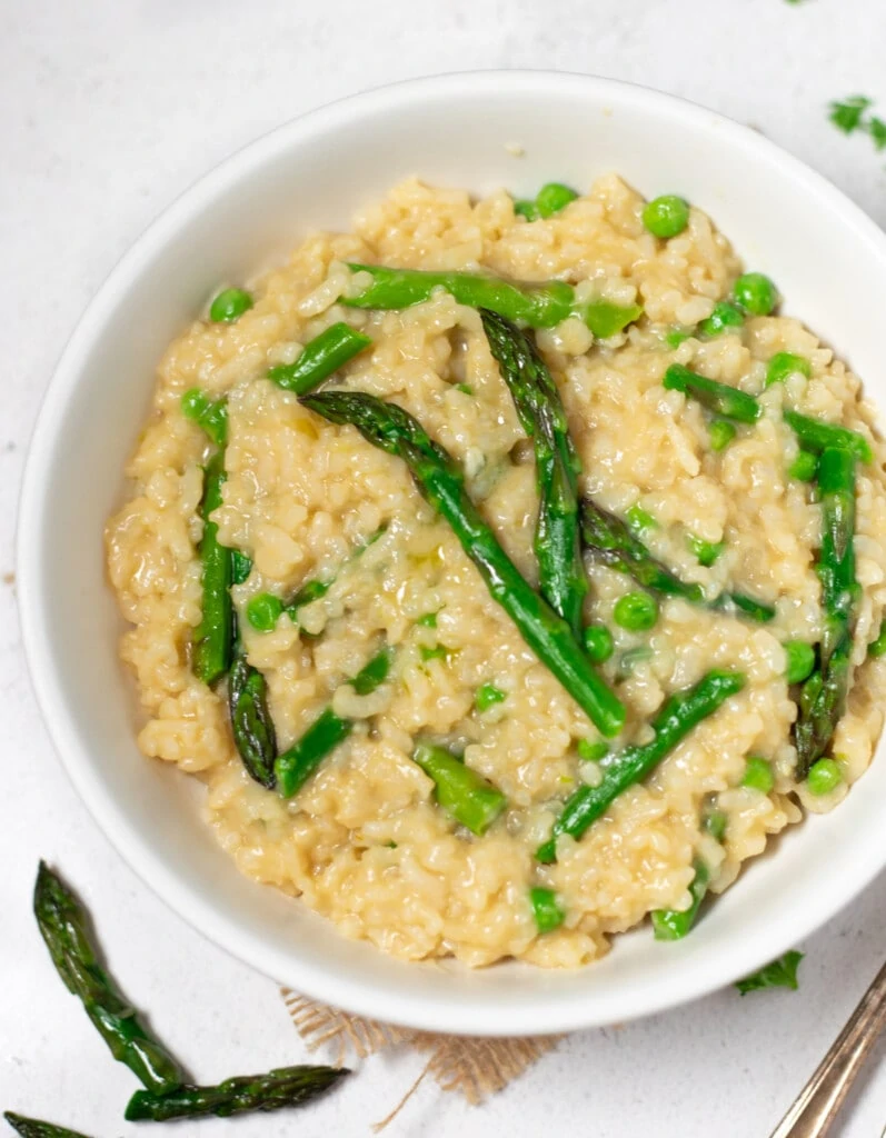 Asparagus Risotto in a white bowl