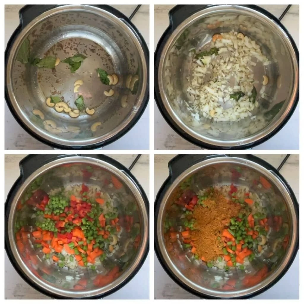 Sauteing tempering and onions in instant pot. Then adding veggies and spices.