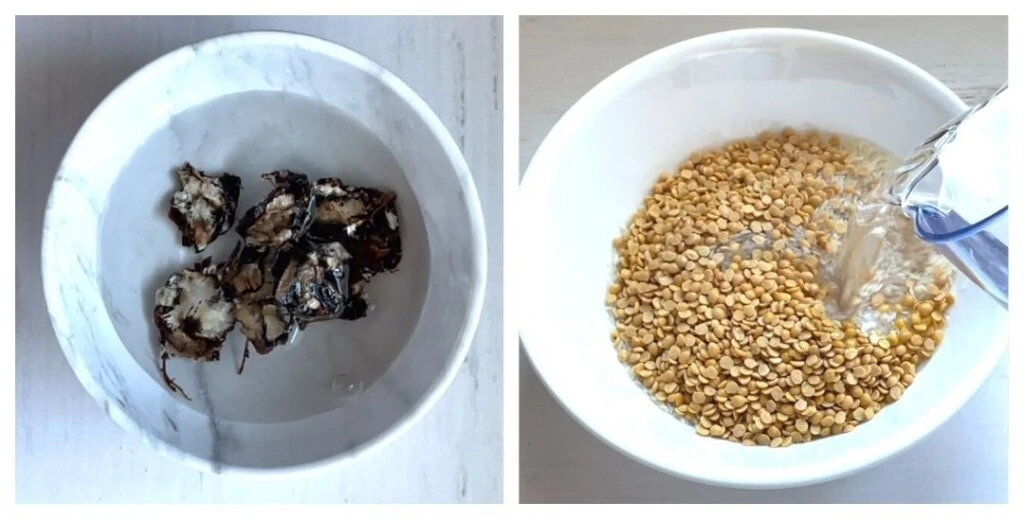 Tamarind soaked in water. And dal and rice in a bowl with water being poured.