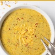 Broccoli Cheddar Soup served in a bowl with chili flakes on top