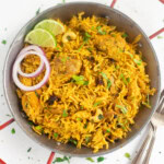 Easy Instant Pot Chicken Biryani in a metal bowl