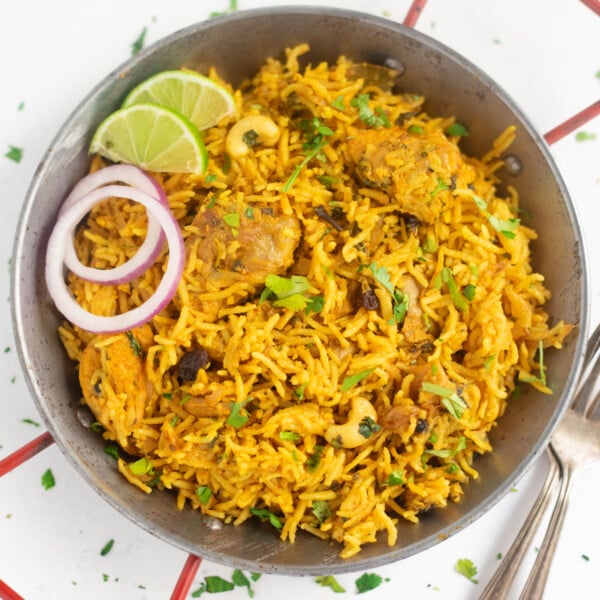 Easy Instant Pot Chicken Biryani in a metal bowl