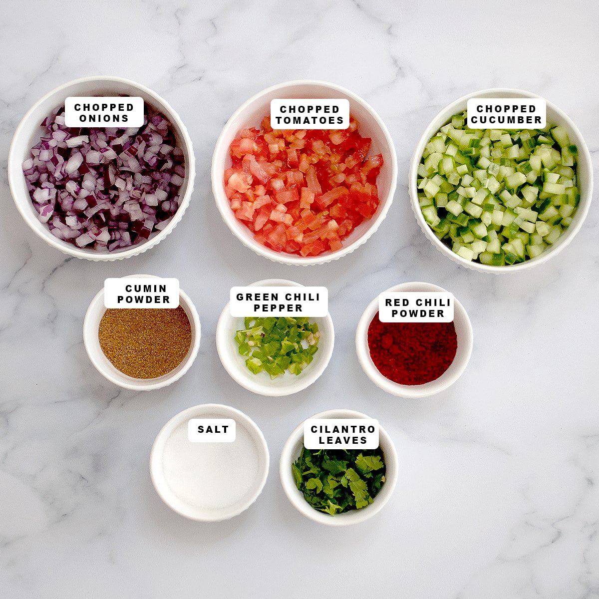 ingredients such as tomato, onion, cucumber along with spices in small bowls