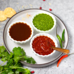 3 popular Indian sauces for dipping or chaat in small bowls in a white plate