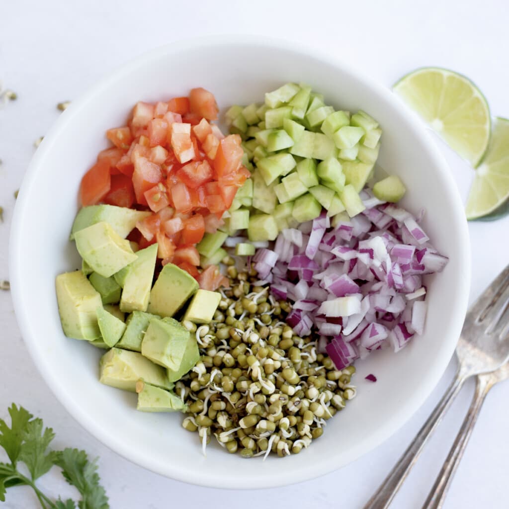 Ingredients for sprout salad in a white bowl