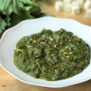 Saag Paneer served in a white bowl