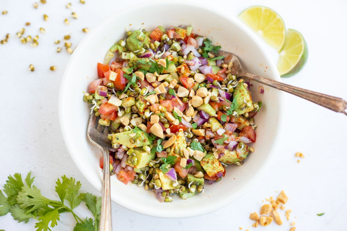 Sprouted beans salad in a bowl topped with chopped peanuts. 