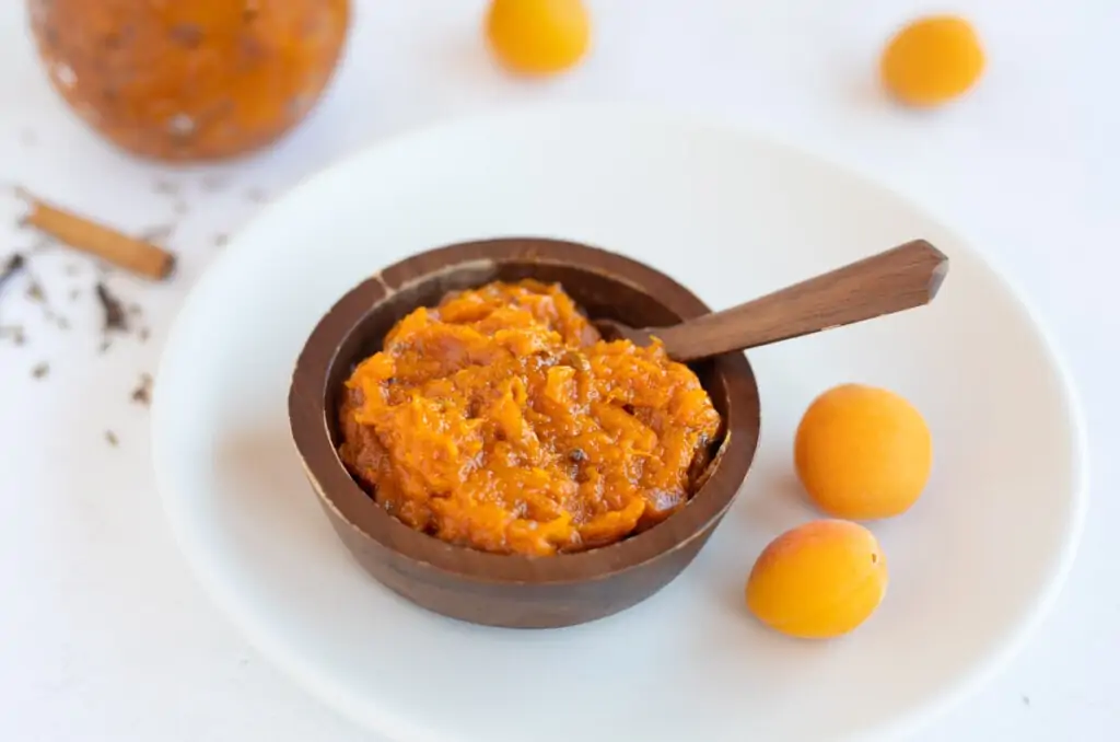 Apricot chutney in a small bowl 