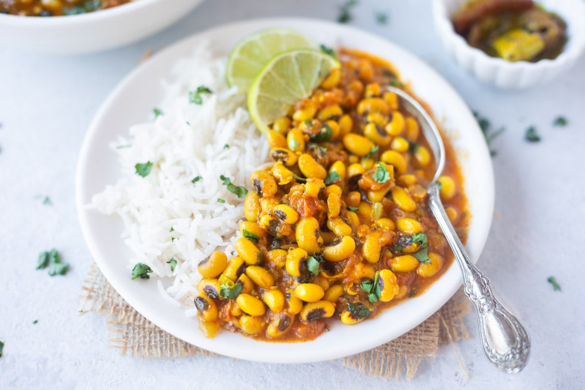 Black eyed peas curry served with rice 