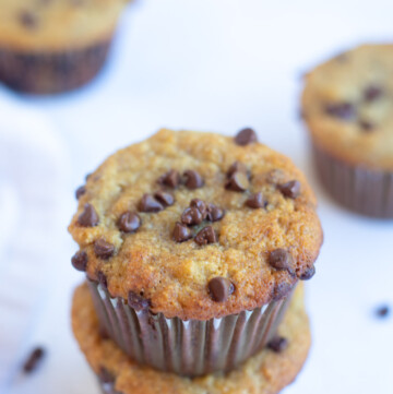 Almond Flour Banana Muffins topped with mini chocolate chips