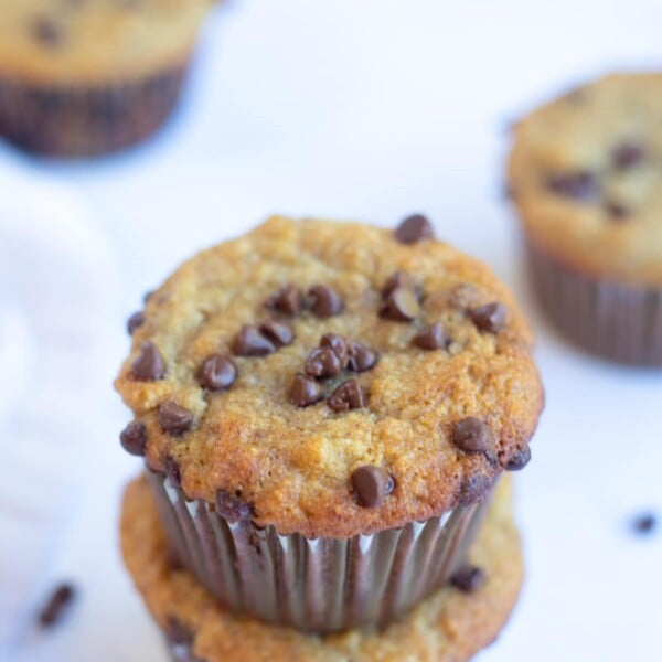 Almond Flour Banana Muffins topped with mini chocolate chips