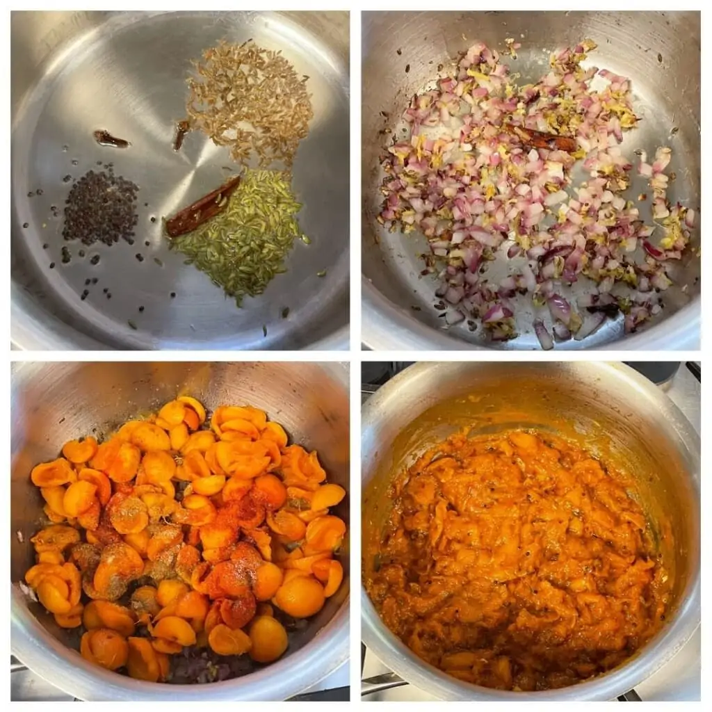 collage for steps to make apricot chutney in a saucepan. 