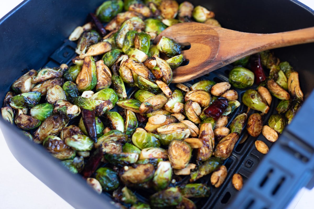 Cooked kung pao Brussels sprouts in air fryer
