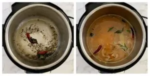 sautéed ingredients on the left and ready to cook dal dhokli in instant pot otn the right