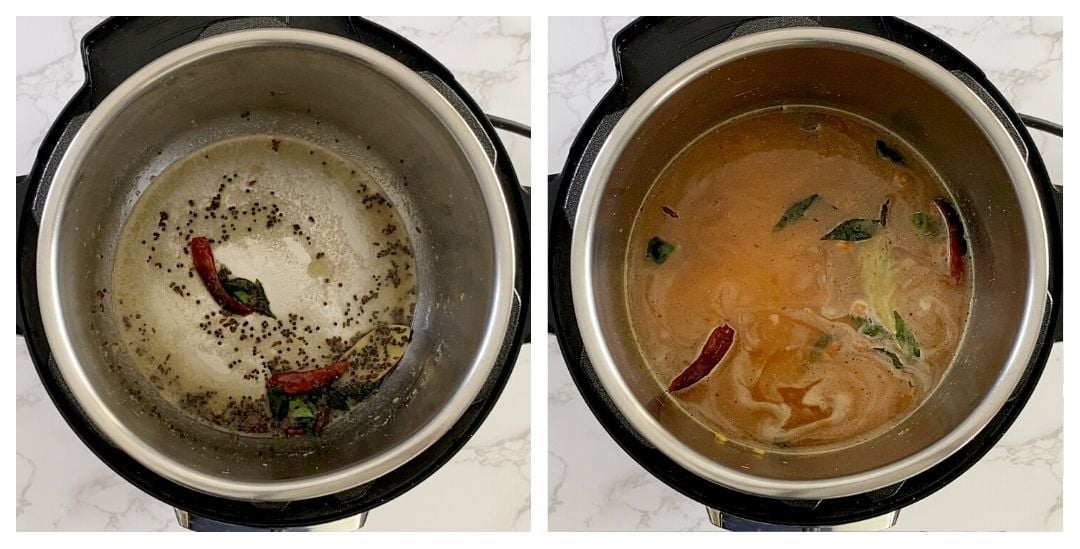sautéed ingredients on the left and ready to cook dal dhokli in instant pot otn the right