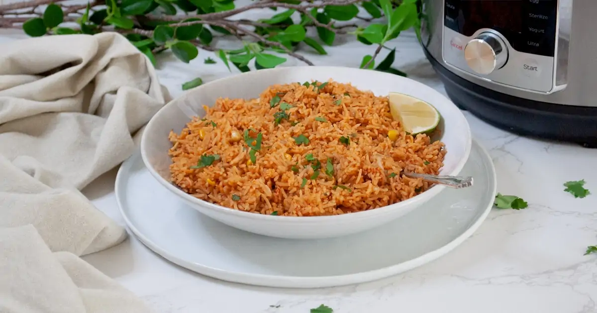 mexican tomato rice in front of the instant pot