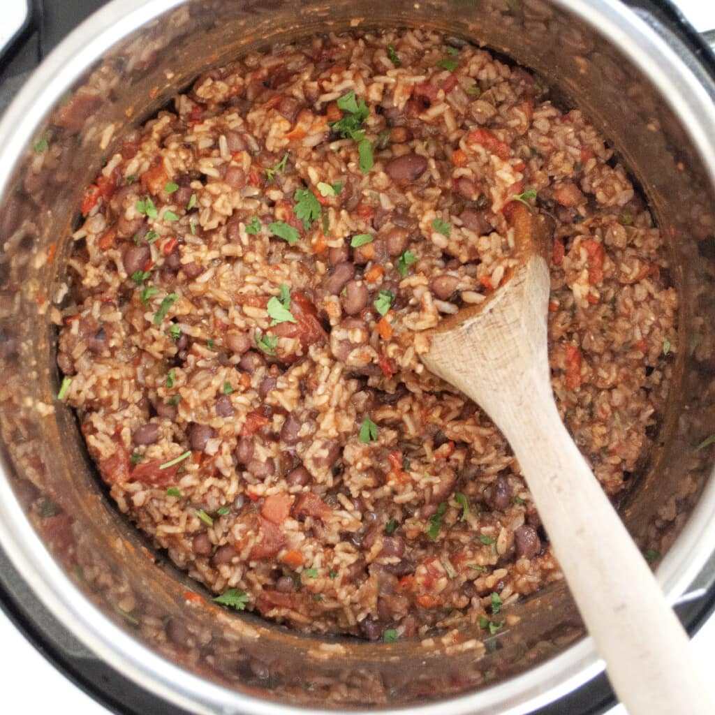 Instant pot rice and beans garnished with cilantro