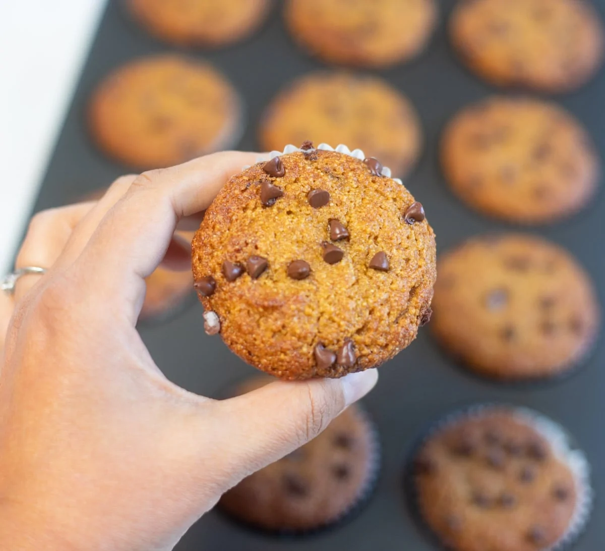 Perfectly baked pumpkin almond flour muffin in hand 