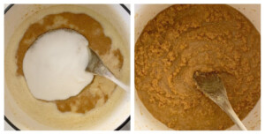 Add sugar and cardamom powder to roasted besan mixture