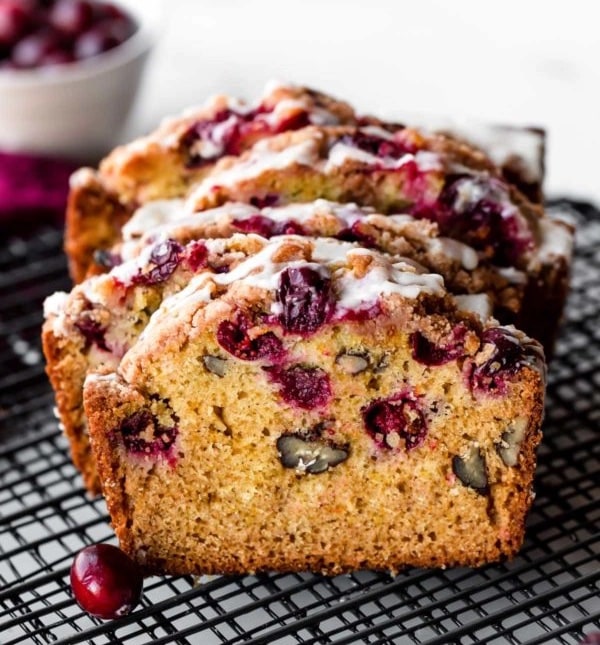 Sliced Cranberry Oranged Bread in a wire rack