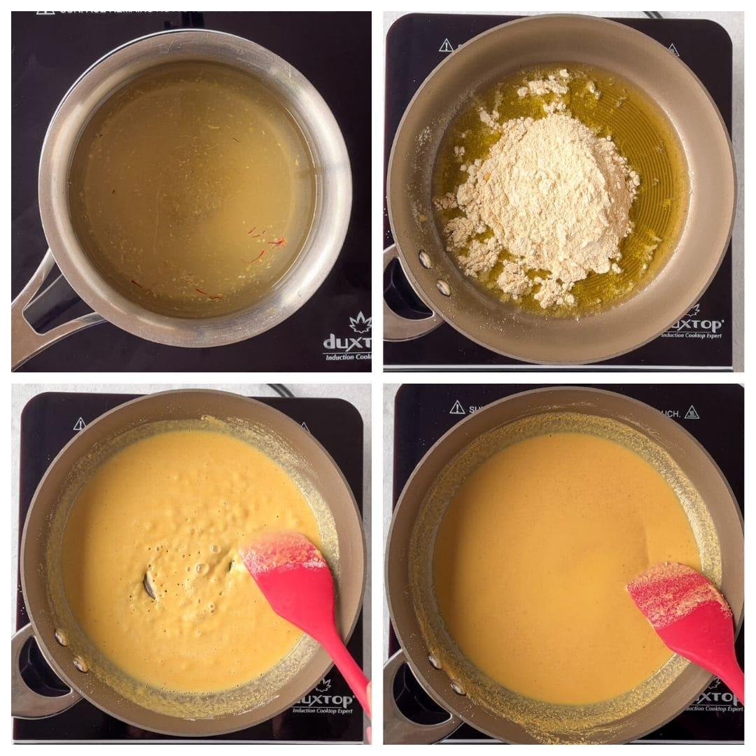 Steps to make sugar syrup and roast besan flour in ghee