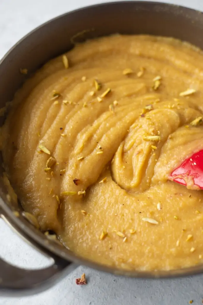 Smooth and grainy Besan Halwa in a pan