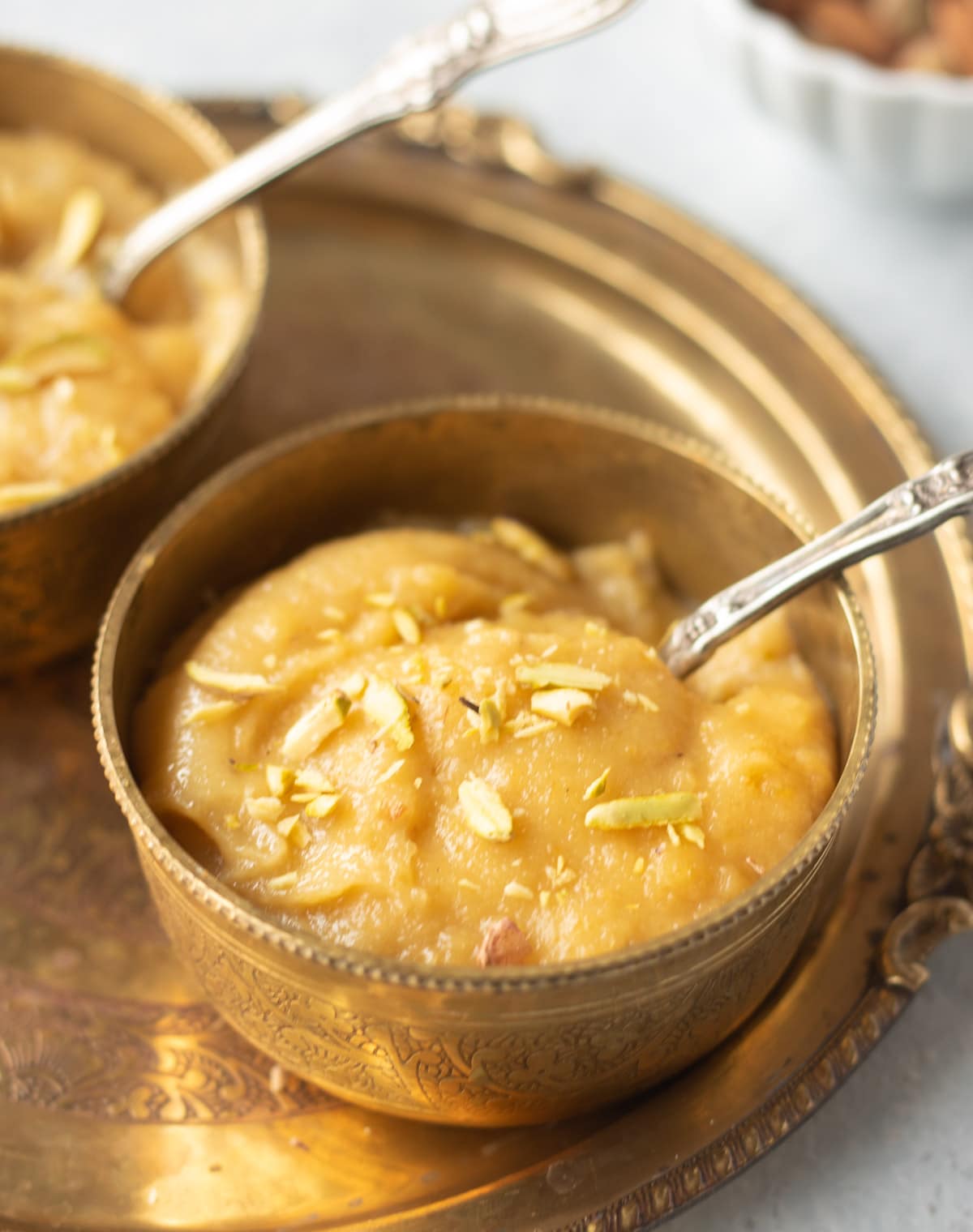 Closeup of besan halwa in a bowl