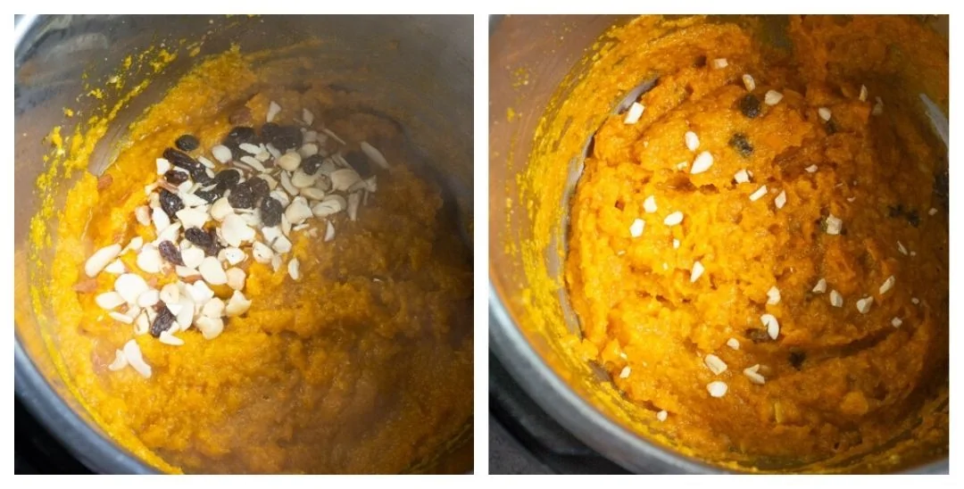 Adding nuts to pumpkin halwa 