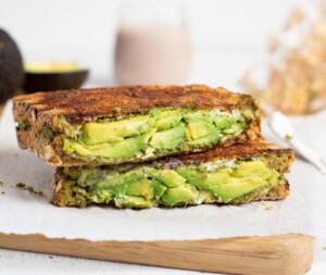 Grilled Indian Avocado Chutney Toast Sandwich on a parchment paper