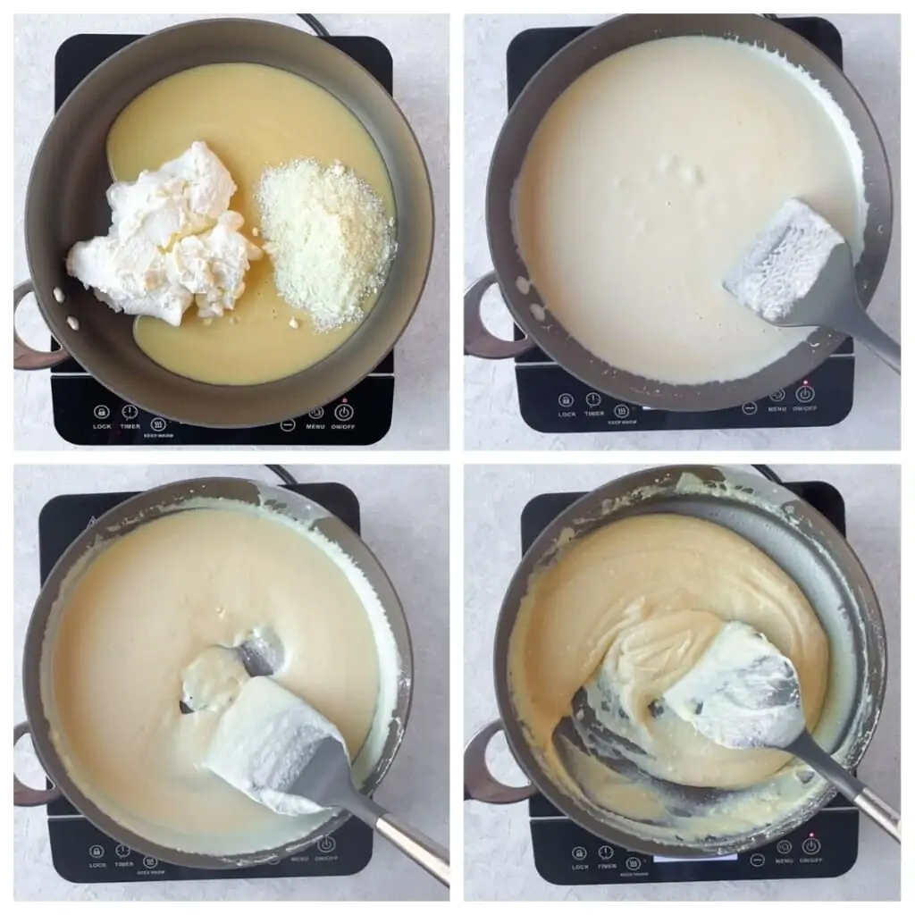steps to make kalakand with ricotta cheese, condensed milk and milk powder