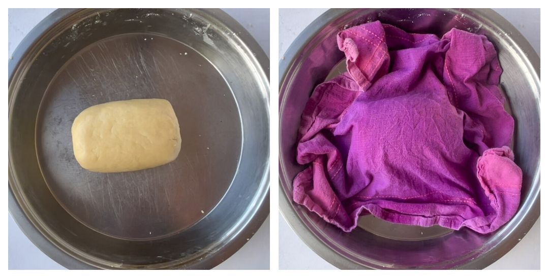 dough made with flour in a bowl covered with a damp cloth