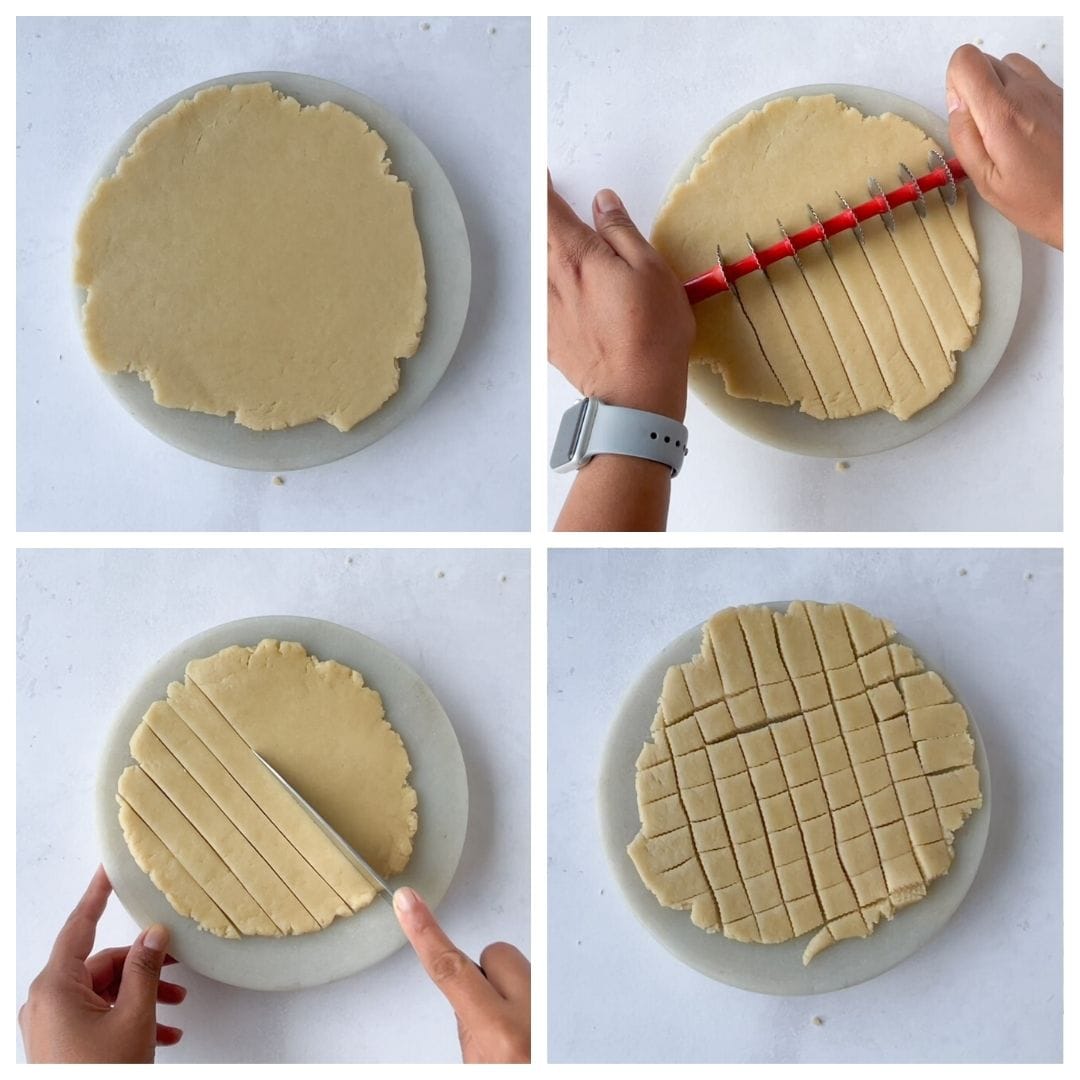 Dough rolled and cut into square to make shankarpali