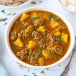 Punjabi aloo wadiyan curry in a bowl