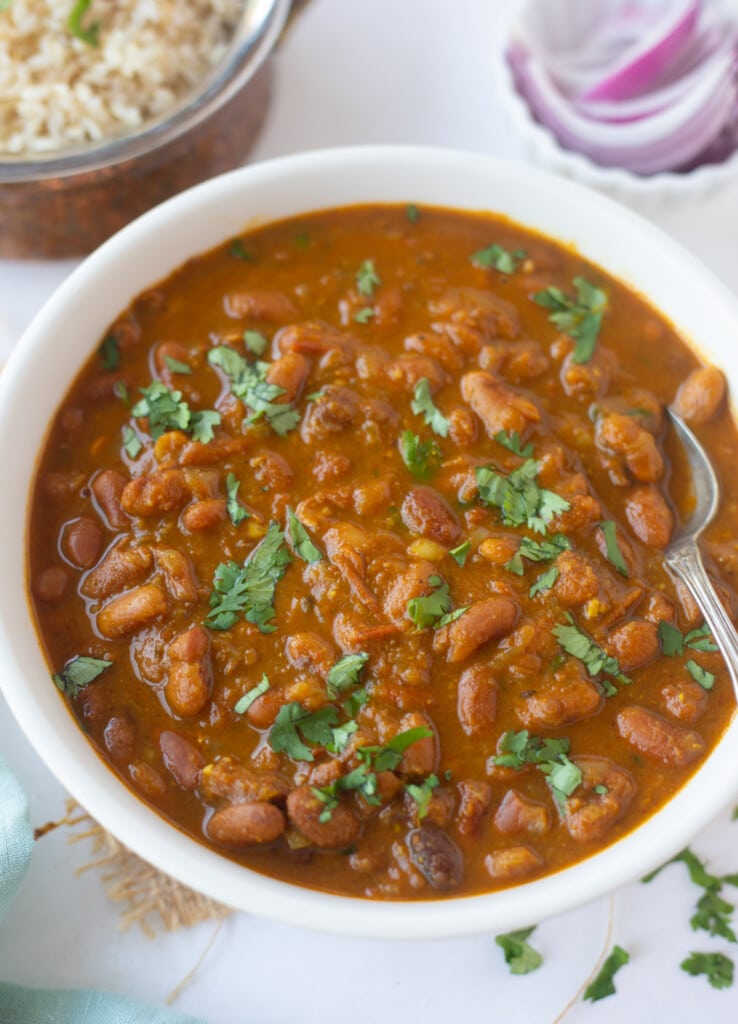 Rajma (kidney beans curry) in a bowl garnished with cilantro 