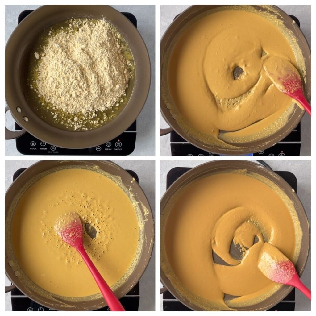 Roasting besan (gram flour) with ghee in a large pan