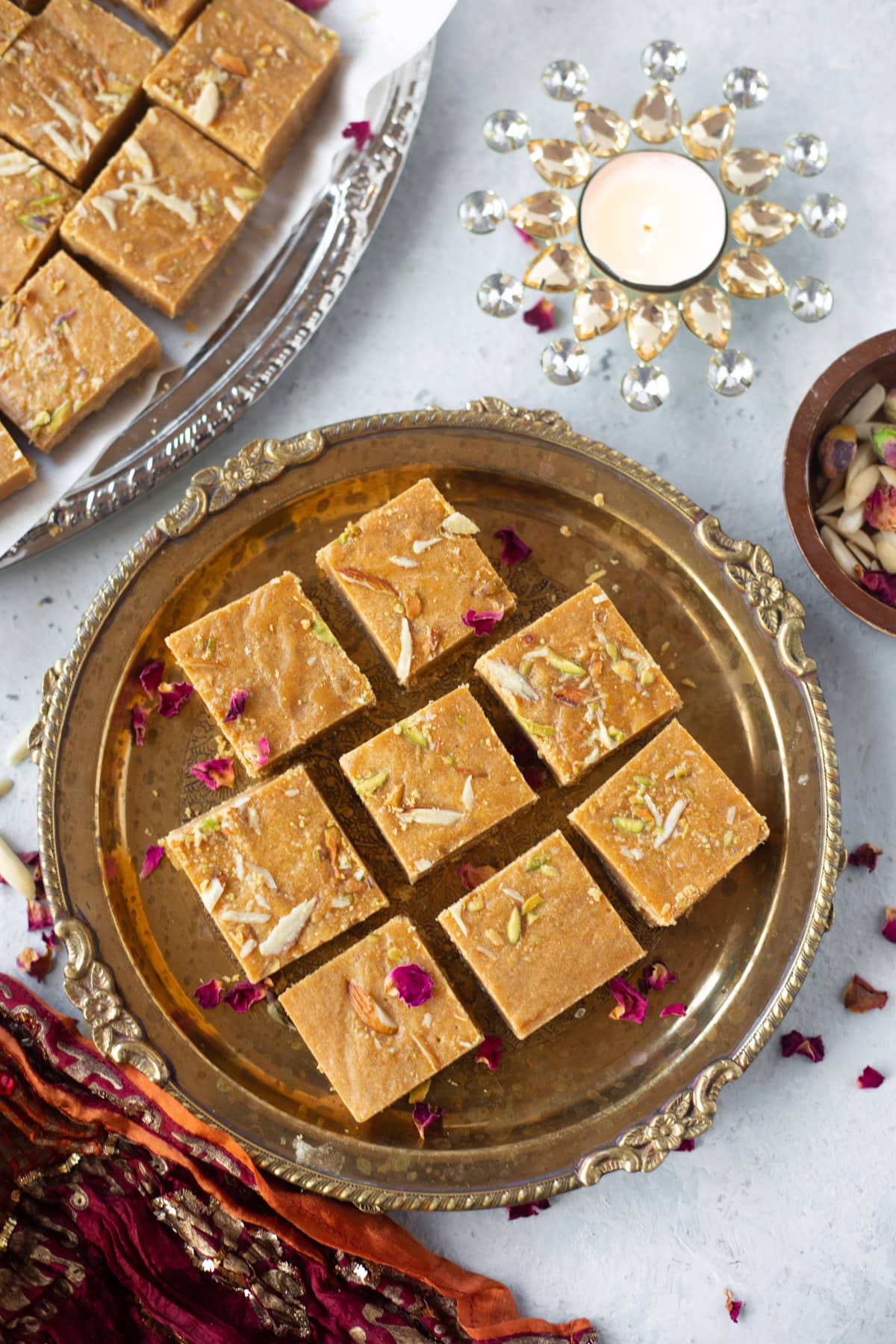 Besan barfi served in a pretty plate for Diwali sweets