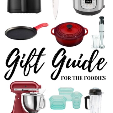 Holiday gift guide with lots of kitchen appliances for foodies and home cooks