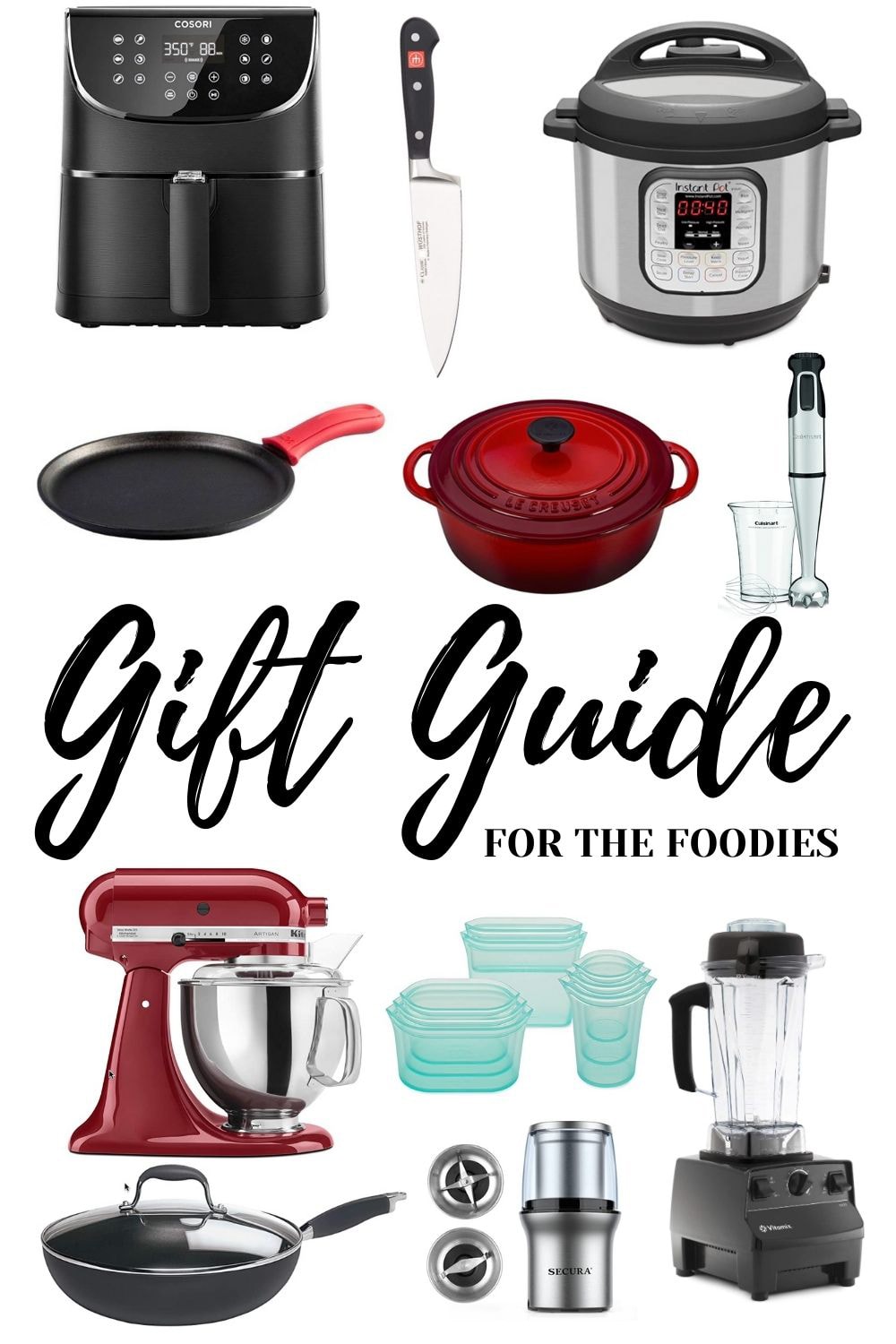 Holiday gift guide with lots of kitchen appliances for foodies and home cooks 