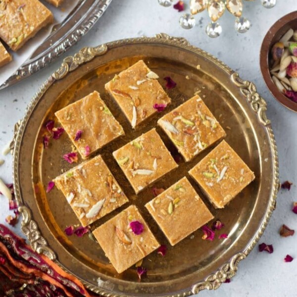 Besan barfi served in a pretty plate for Diwali sweets