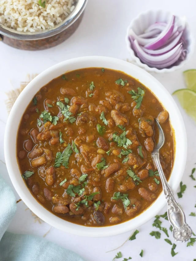 Rajma Masala in a bowl with rice on the side