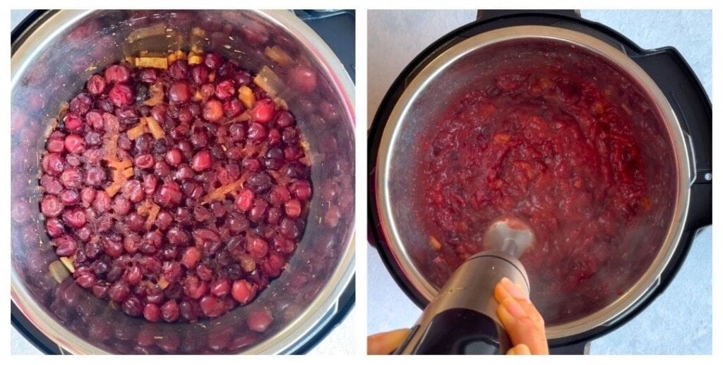 Cooked Cranberries being mashed with an immersion blender to make chutney or sauce 