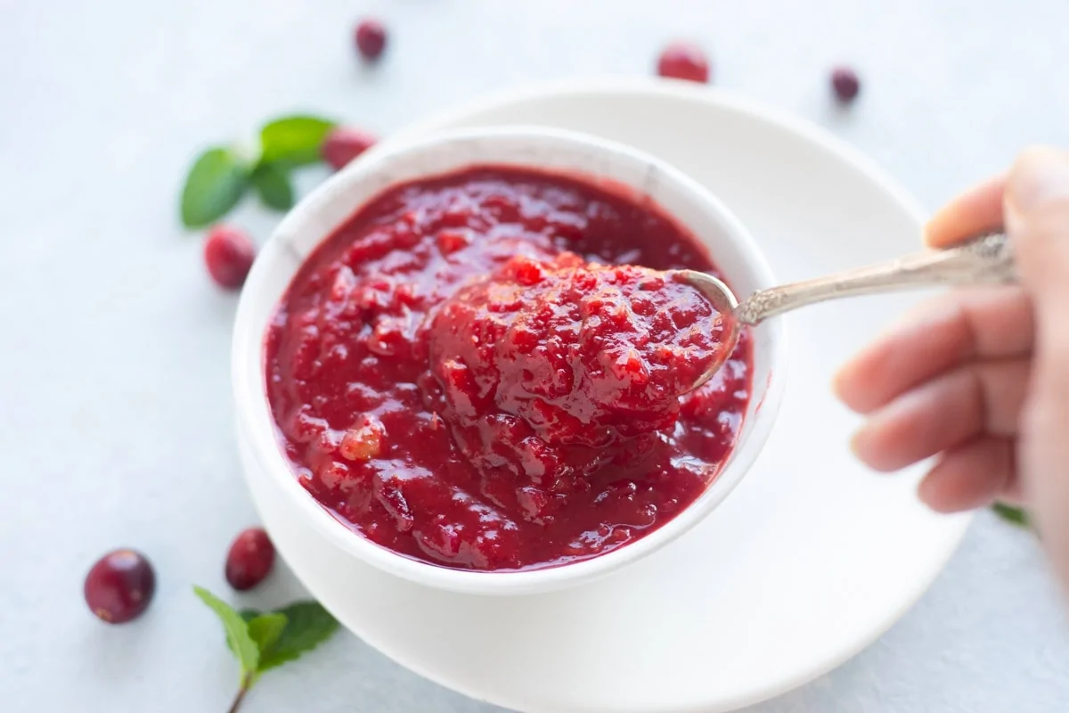 Indian style spiced cranberry chutney in a bowl