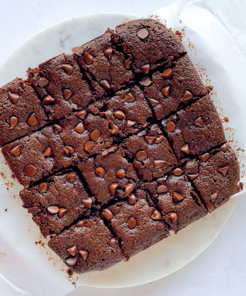 Baked almond flour brownies cut into 16 squares