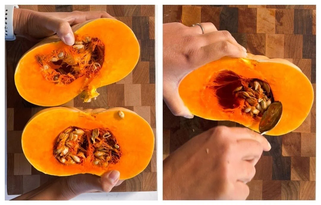 Cutting a pumpkin into 2 halves
