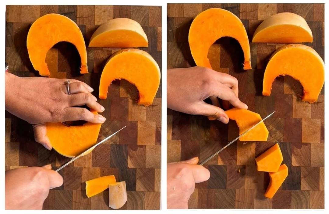 Peel and cut a pumpkin into chunks